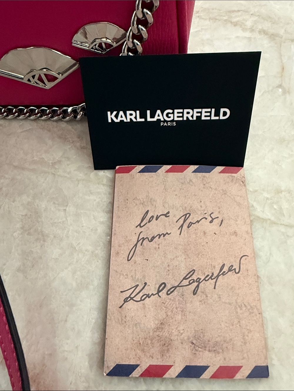KARL LAGERFELD NWT Fuchsia Leather Crossbody with Silver Chain - Picture 7 of 10